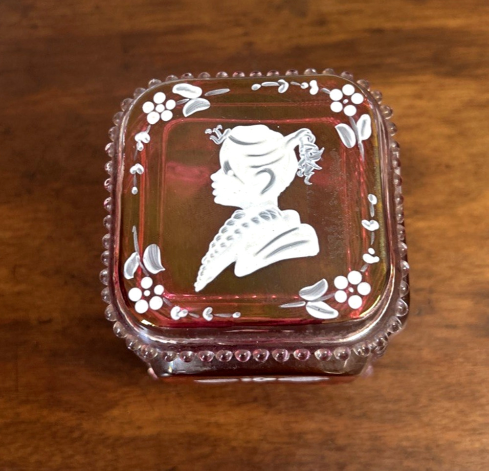 Westmoreland Cranberry Glass Trinket Box Cameo Hand Painted Signed 1977 VTG